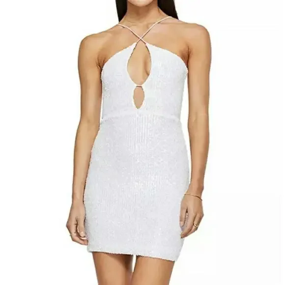 Nookie Supreme Mini White Sequins Bodycon Crisscross Straps Cutout S New - Picture 1 of 13
